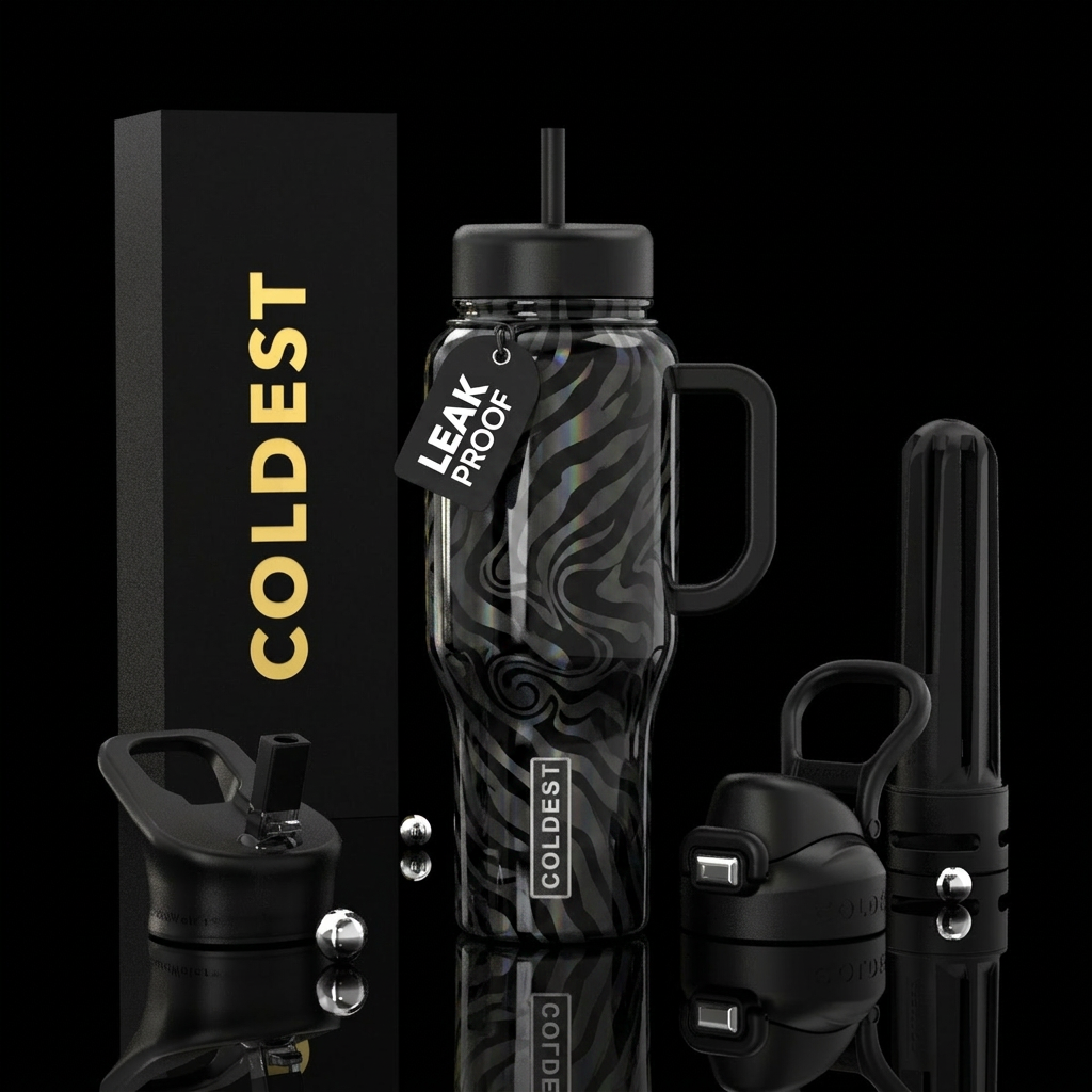holographic,glossy,, tiger stripes, monochrome, si... water bottle design