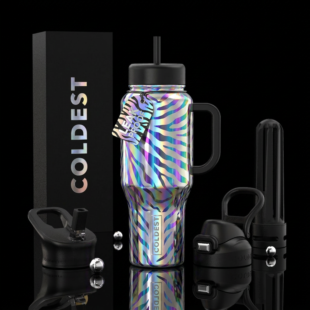 holographic,glossy,, tiger stripes, monochrome, si... water bottle design