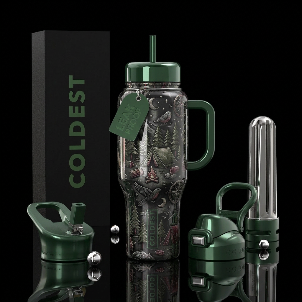 ,glossy,,  monochrome, silk, refined, camping water bottle design