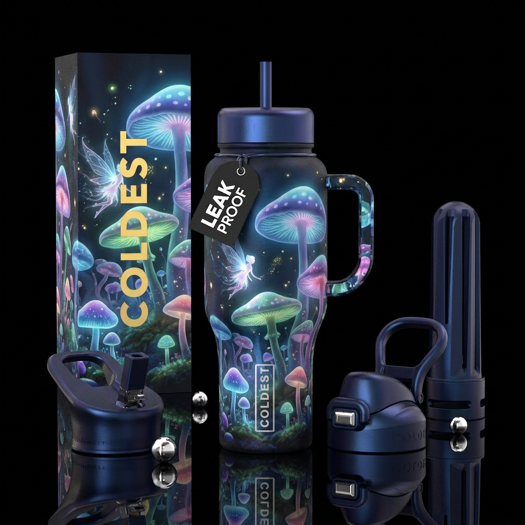 ,glossy,,  , silk, refined, , hidden realm, mushro... water bottle design