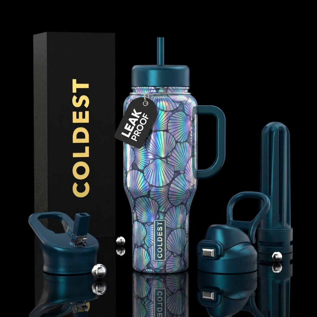 Holographic seashells water bottle design
