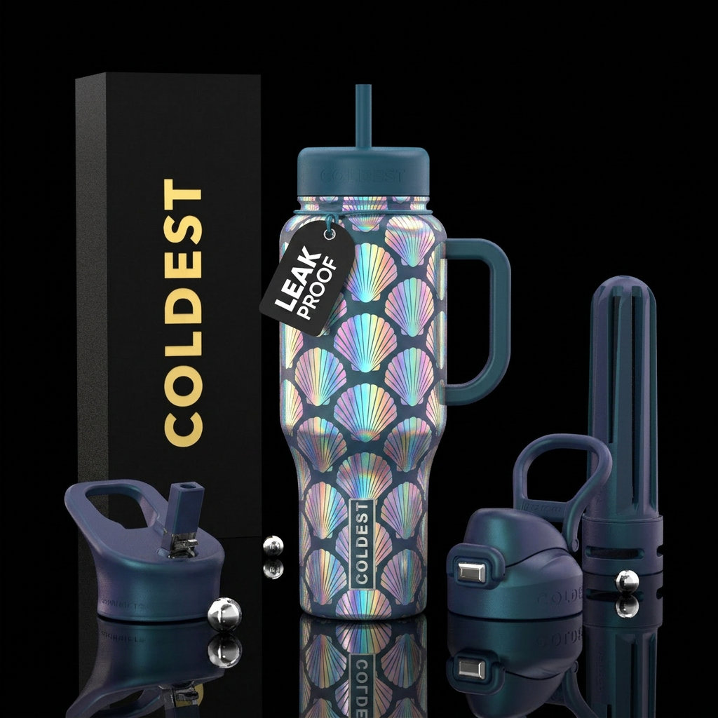 Holographic fan seashells water bottle design
