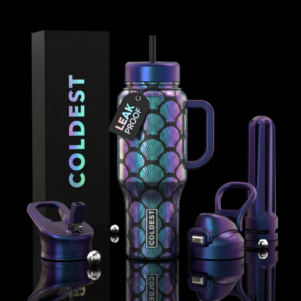 Holographic fan seashells water bottle design