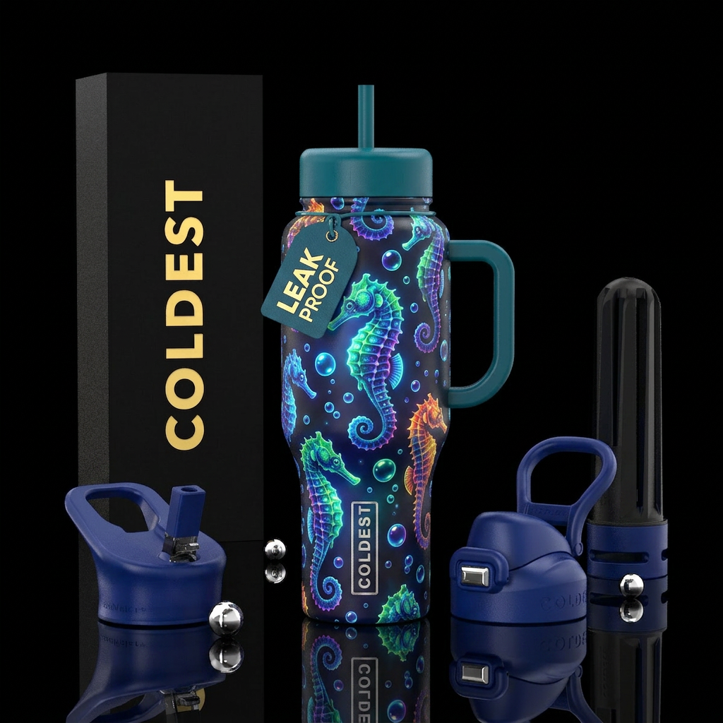 Seahorses and bubbles all over bottle, glossy, glo... water bottle design