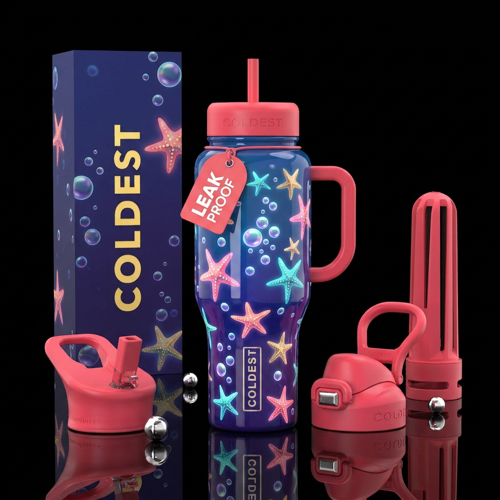 Starfish and bubbles all over bottle, glossy, glow... water bottle design