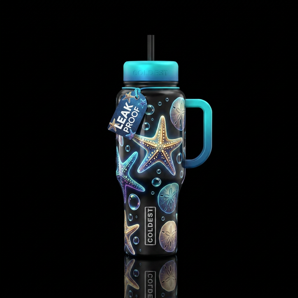 Starfish and bubbles and sand dollars all over bot... water bottle design