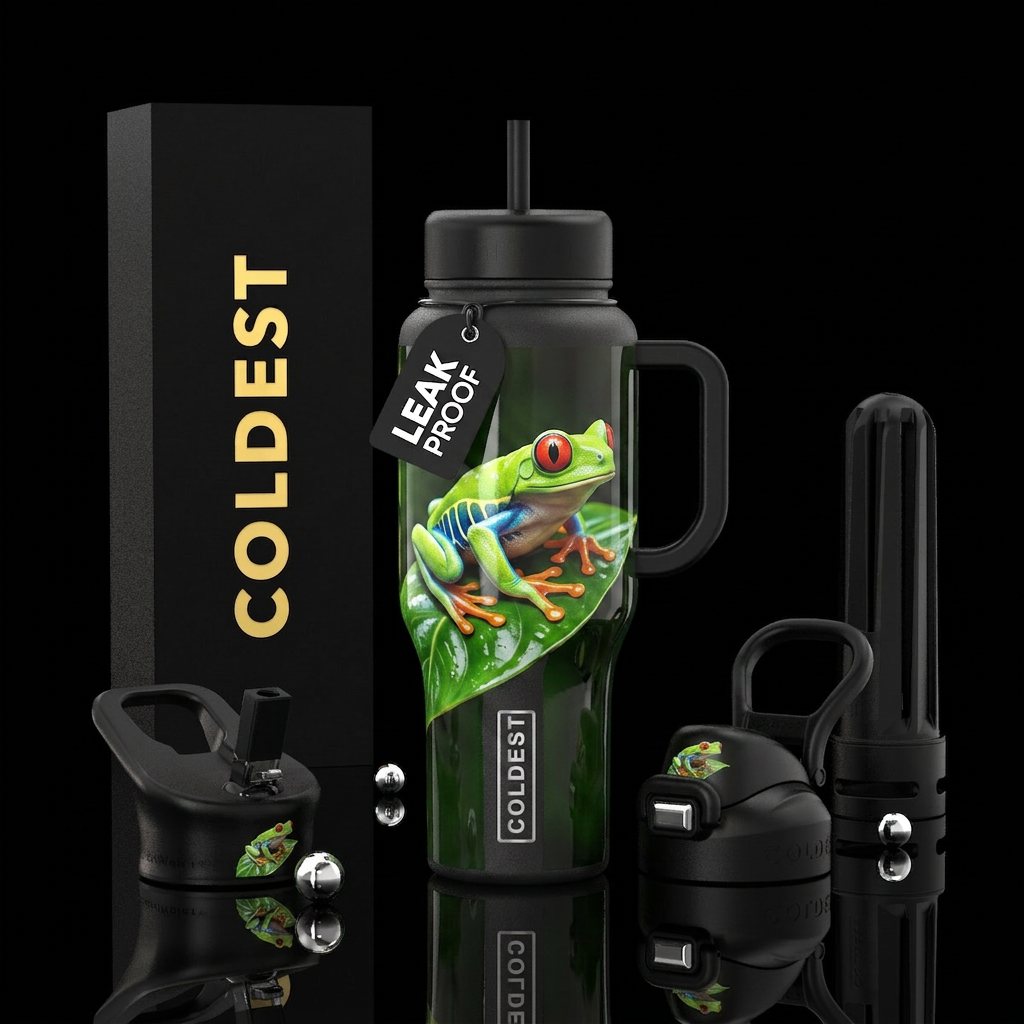 Frog sitting on a leaf,glossy water bottle design