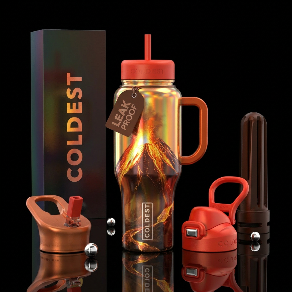 Holographic volcano water bottle design