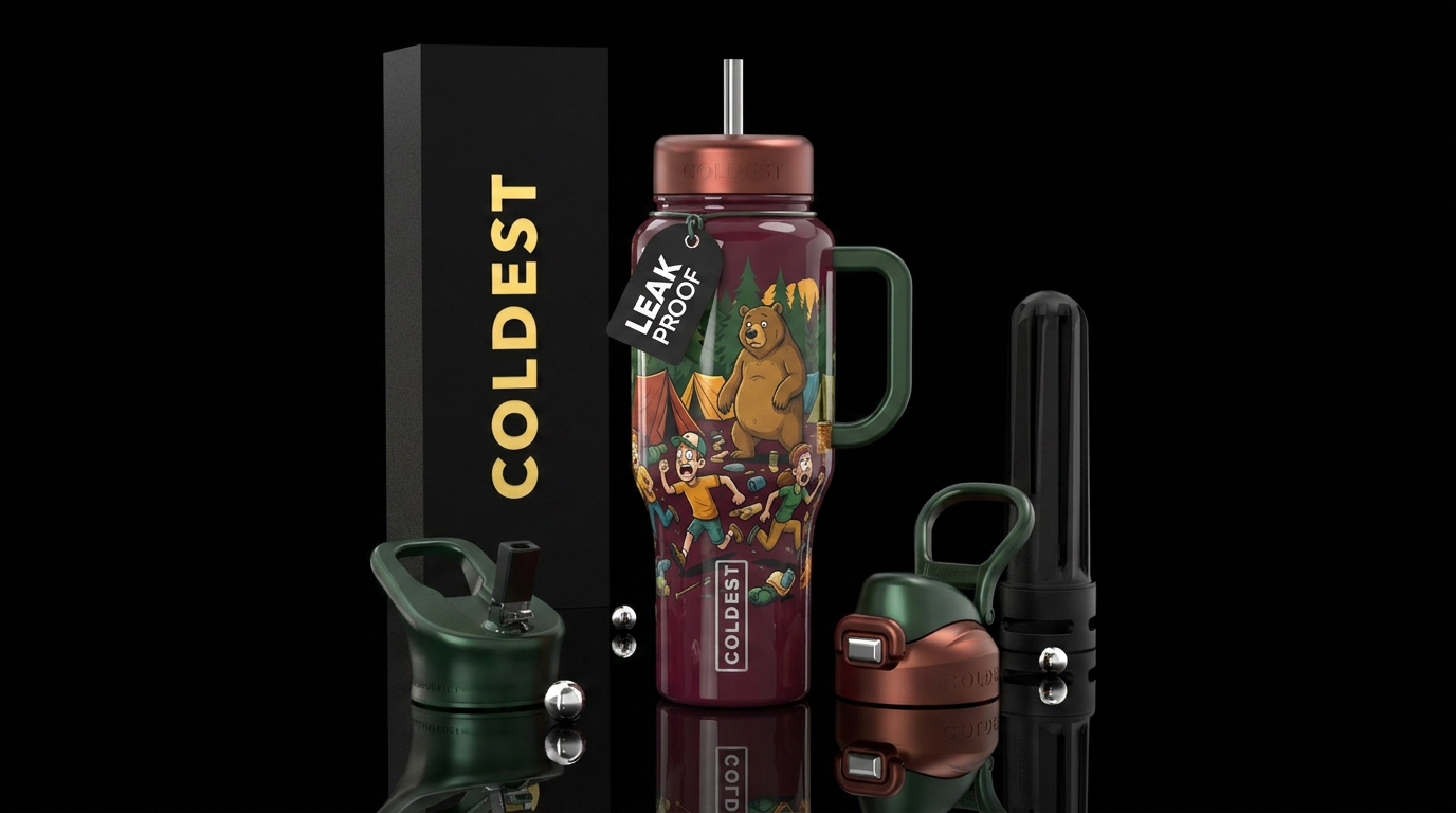 Bear visiting a camp site, campers running away, f... water bottle design