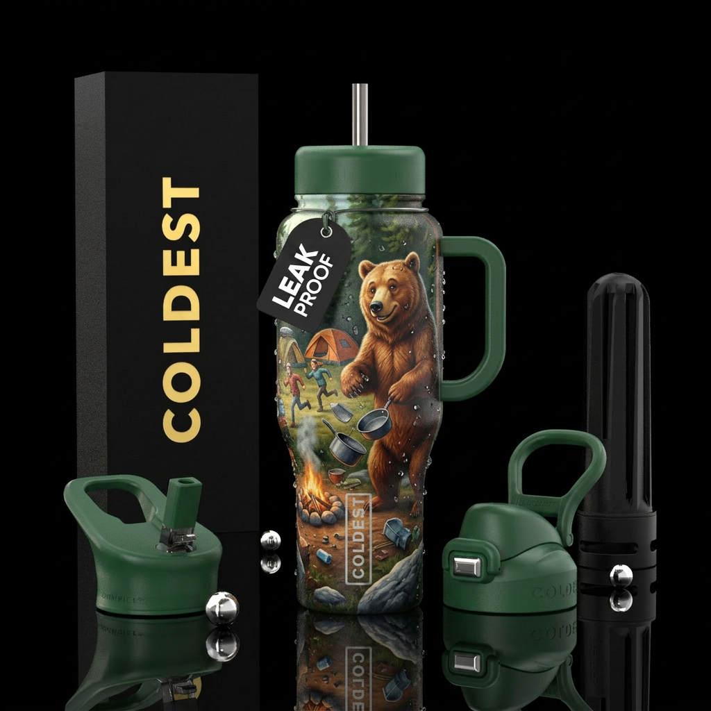 Friendly Bear visiting a camp site, campers runnin... water bottle design