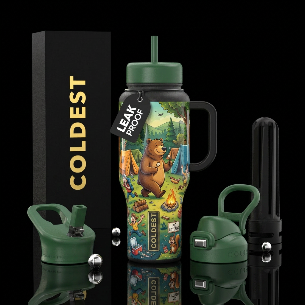 Friendly Bear visiting a camp site, campers runnin... water bottle design