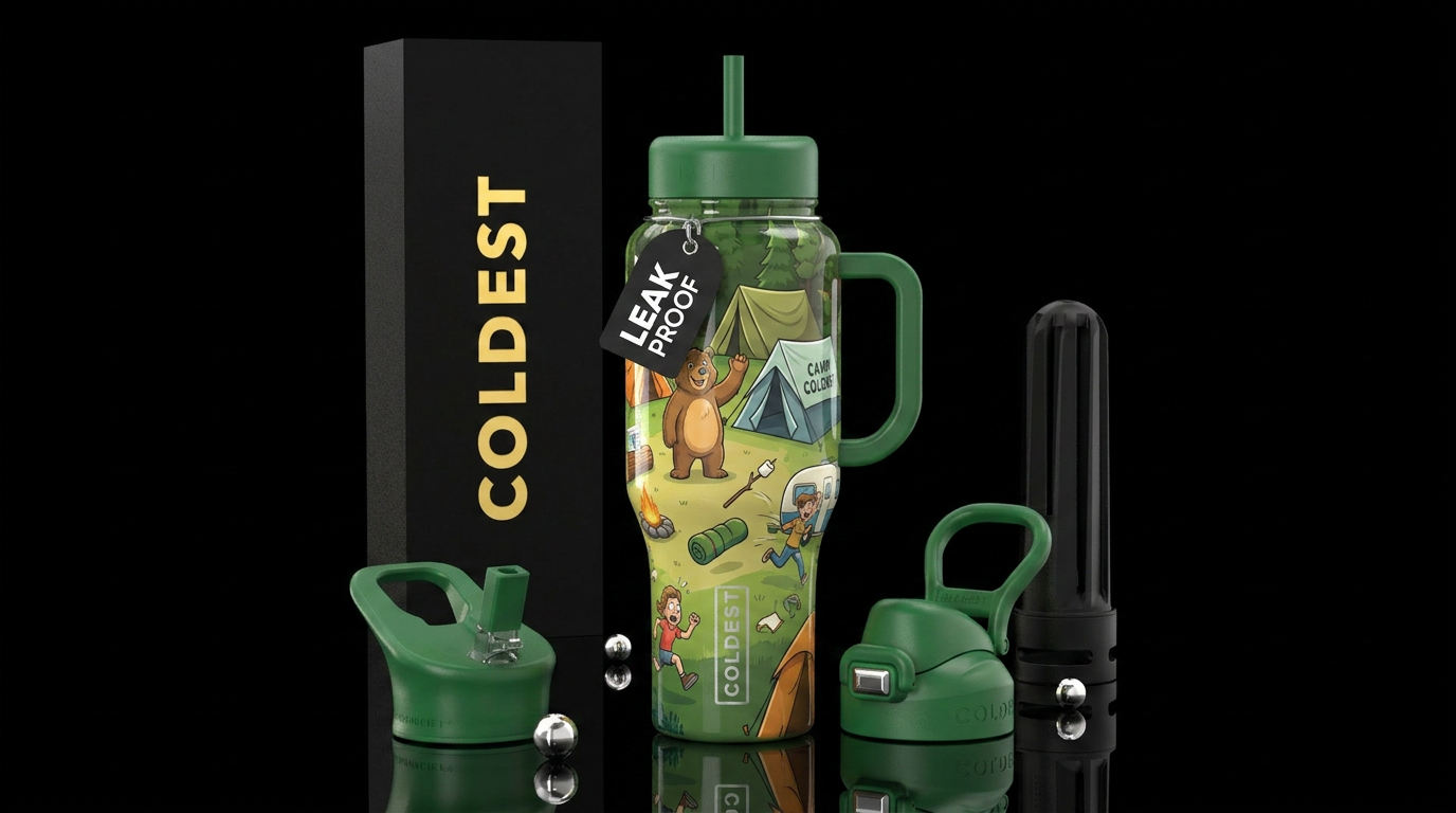 Friendly Bear visiting a camp site, campers runnin... water bottle design