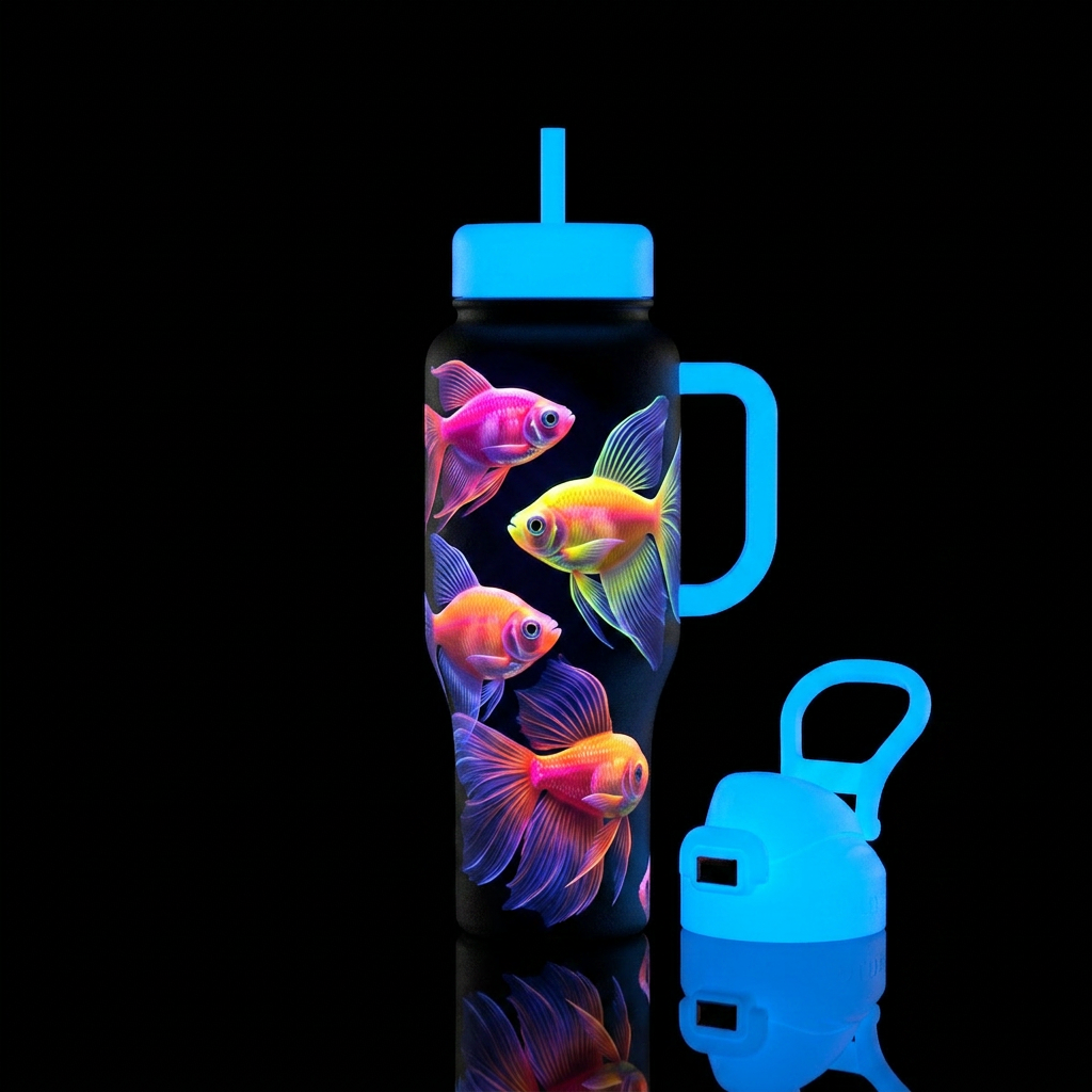 Veil long fin glo fish, glossy, alluring, trompe-l... water bottle design