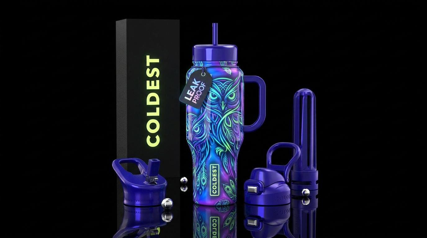 Hoot and glow, glossy water bottle design