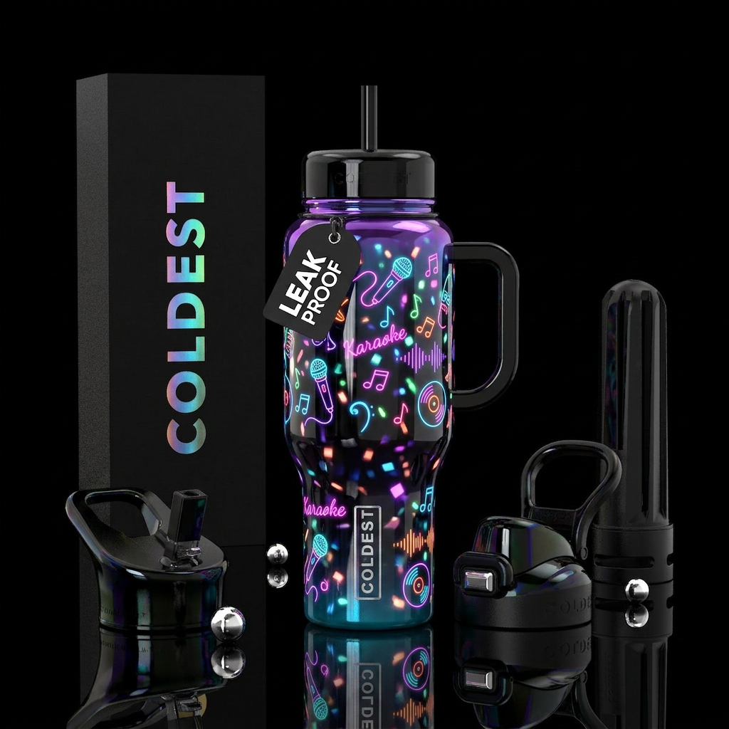 Karaoke, live music, fun,glossy, glow in the dark water bottle design