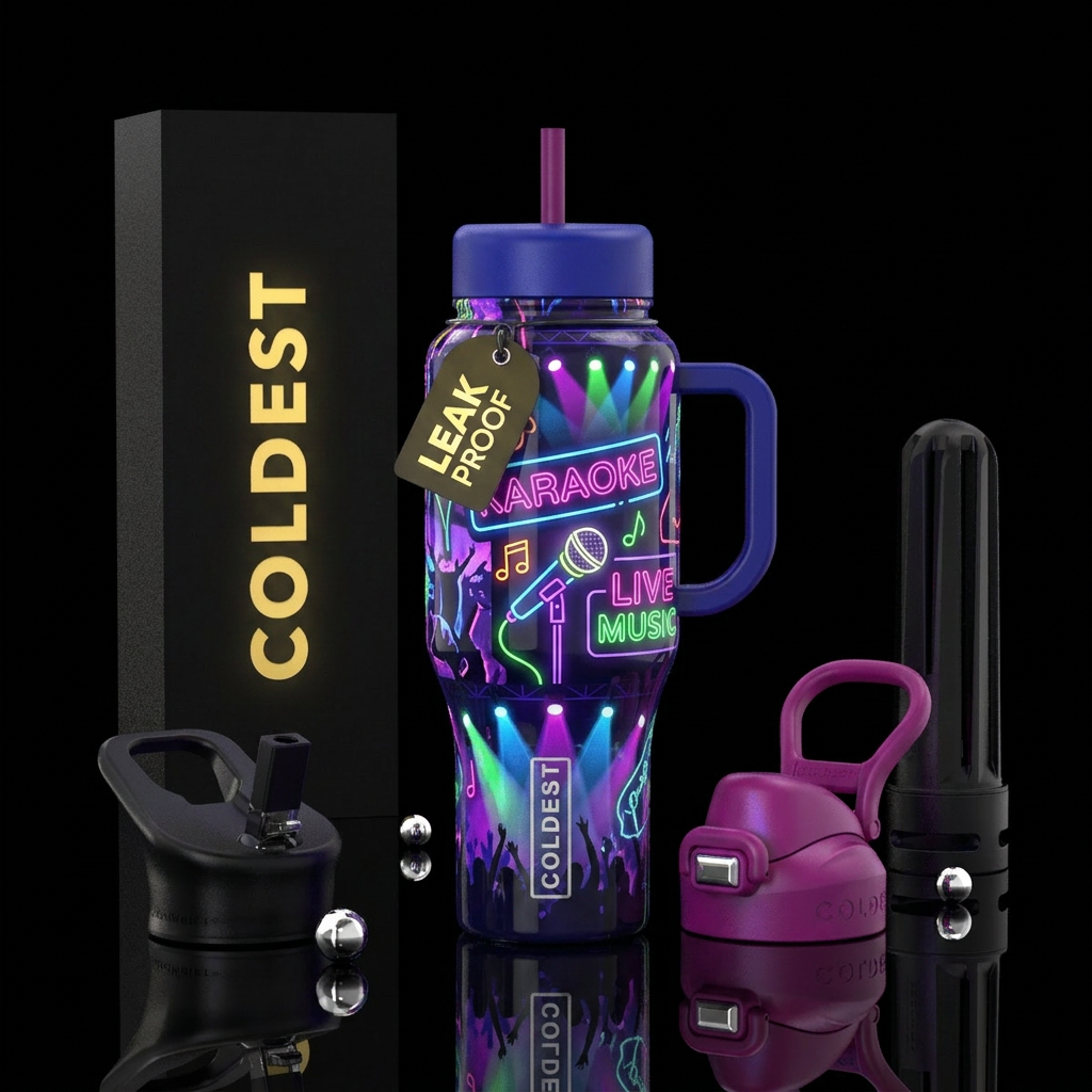 Karaoke, live music, fun,glossy, glow in the dark water bottle design