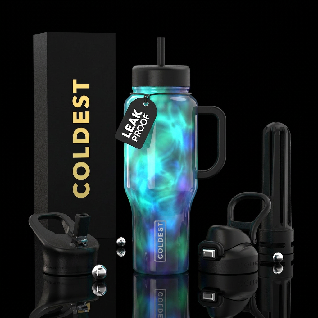 delight, glossy, glowie, trompe-l'œil water bottle design
