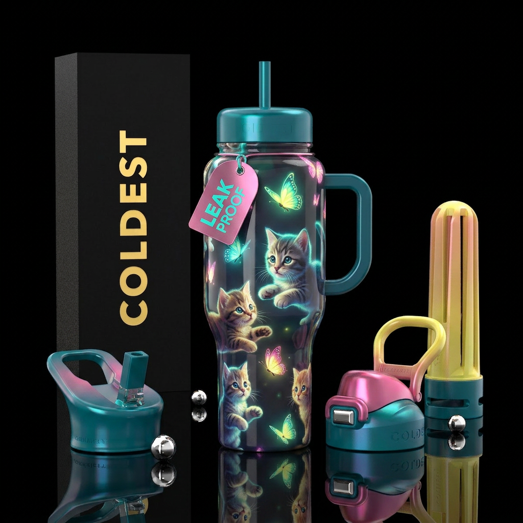 Kittens chasing butterflies, glossy, glowie water bottle design