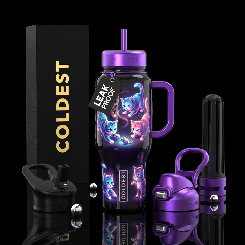 Kittens chasing mouse, glossy, glowie water bottle design