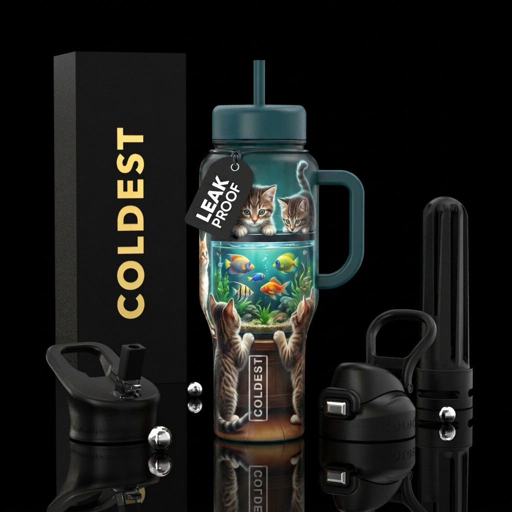 Kittens looking at fish in fish tank, glossy, glow... water bottle design