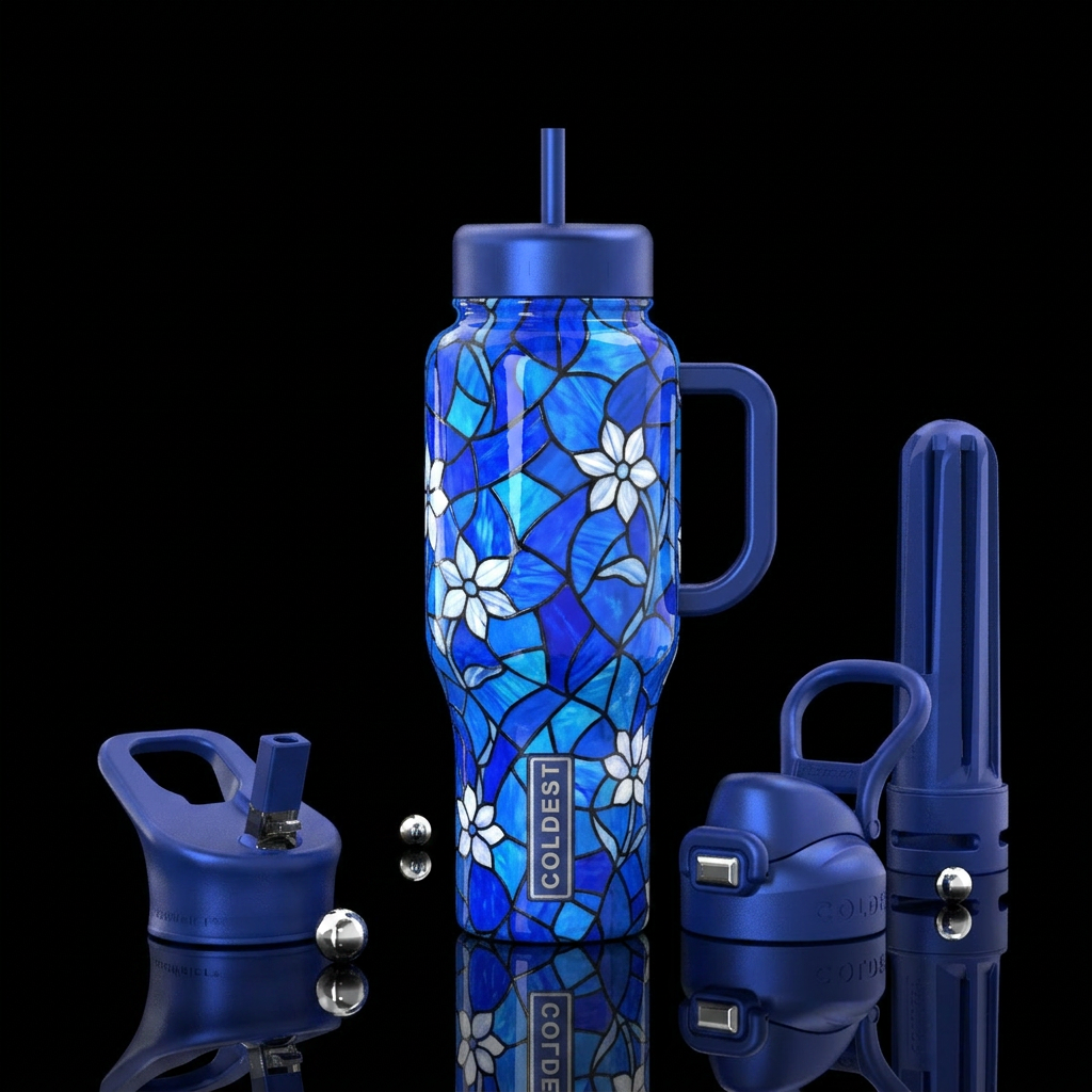 Blue stained glass with white stained glass flower... water bottle design
