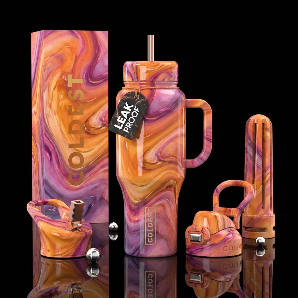 Sunset colors, marble,glossy water bottle design