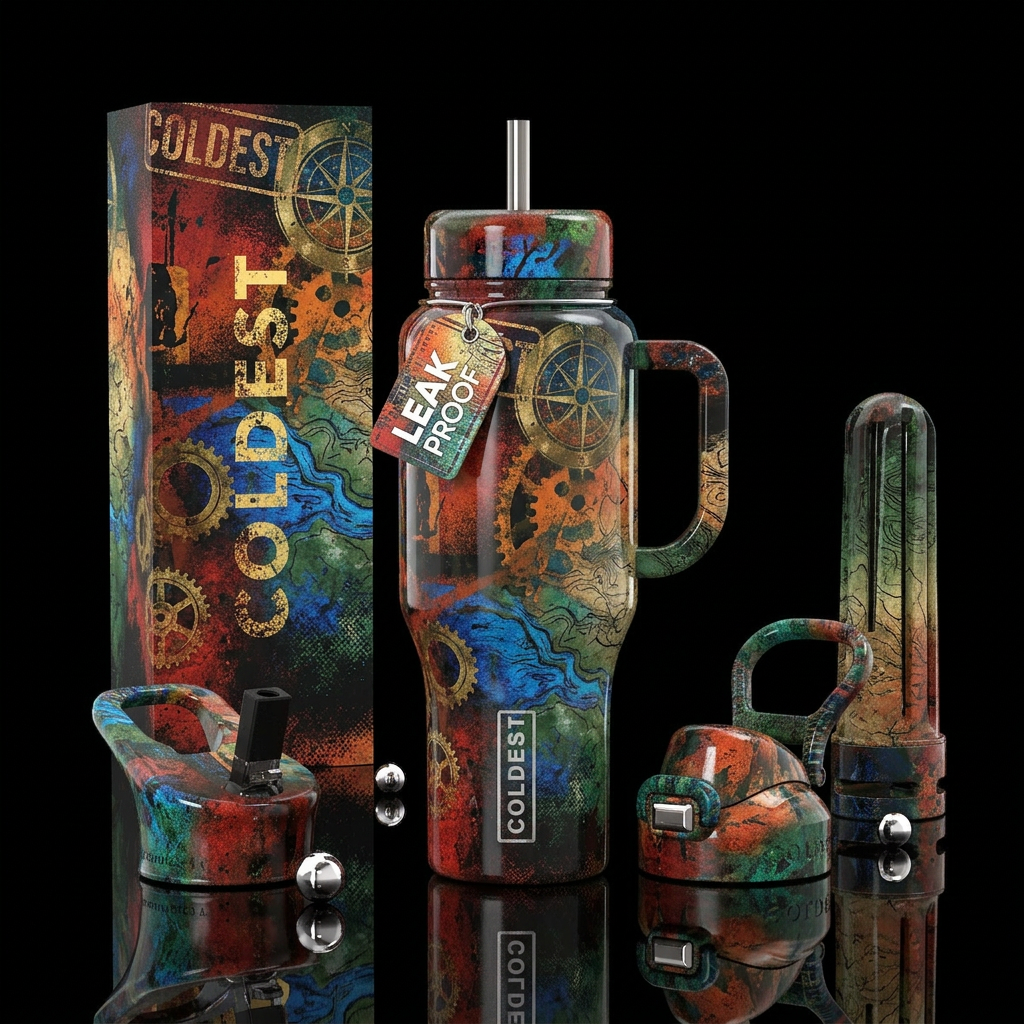 screen print, grunge, glossy water bottle design
