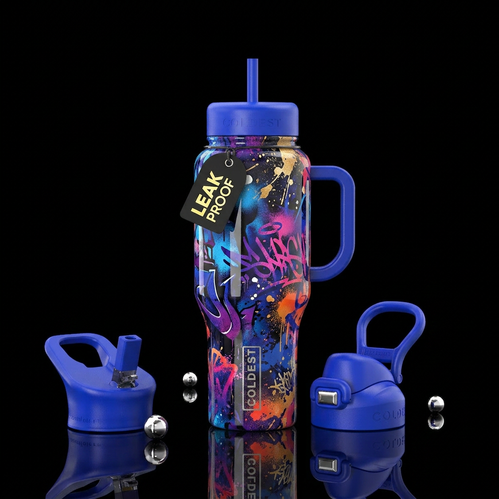 screen print, grunge, glossy water bottle design