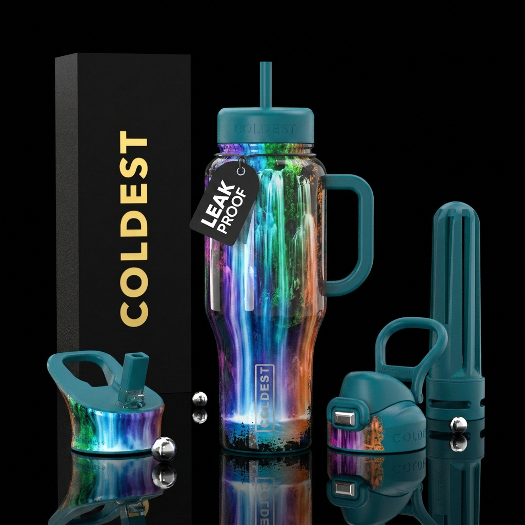 screen print, grunge, glossy, waterfall water bottle design