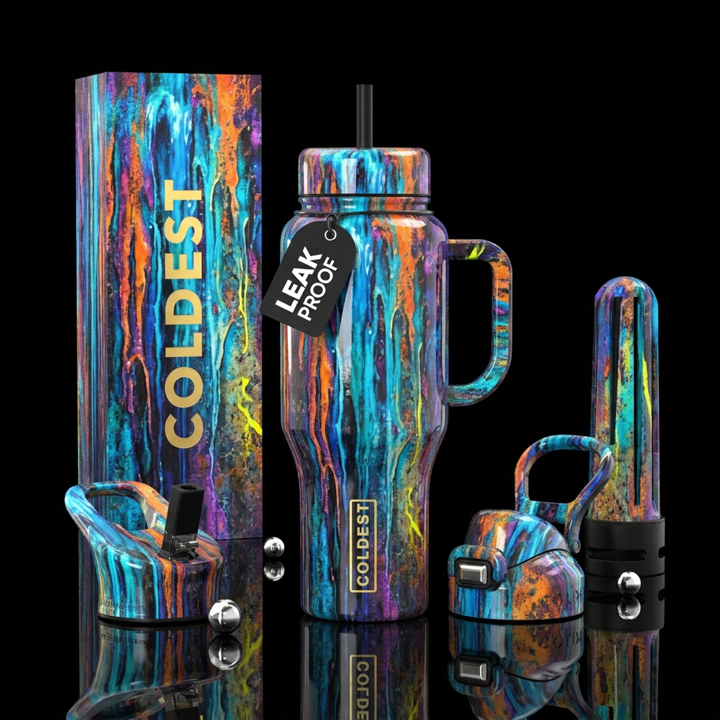 screen print, grunge, glossy, waterfall, extravaga... water bottle design
