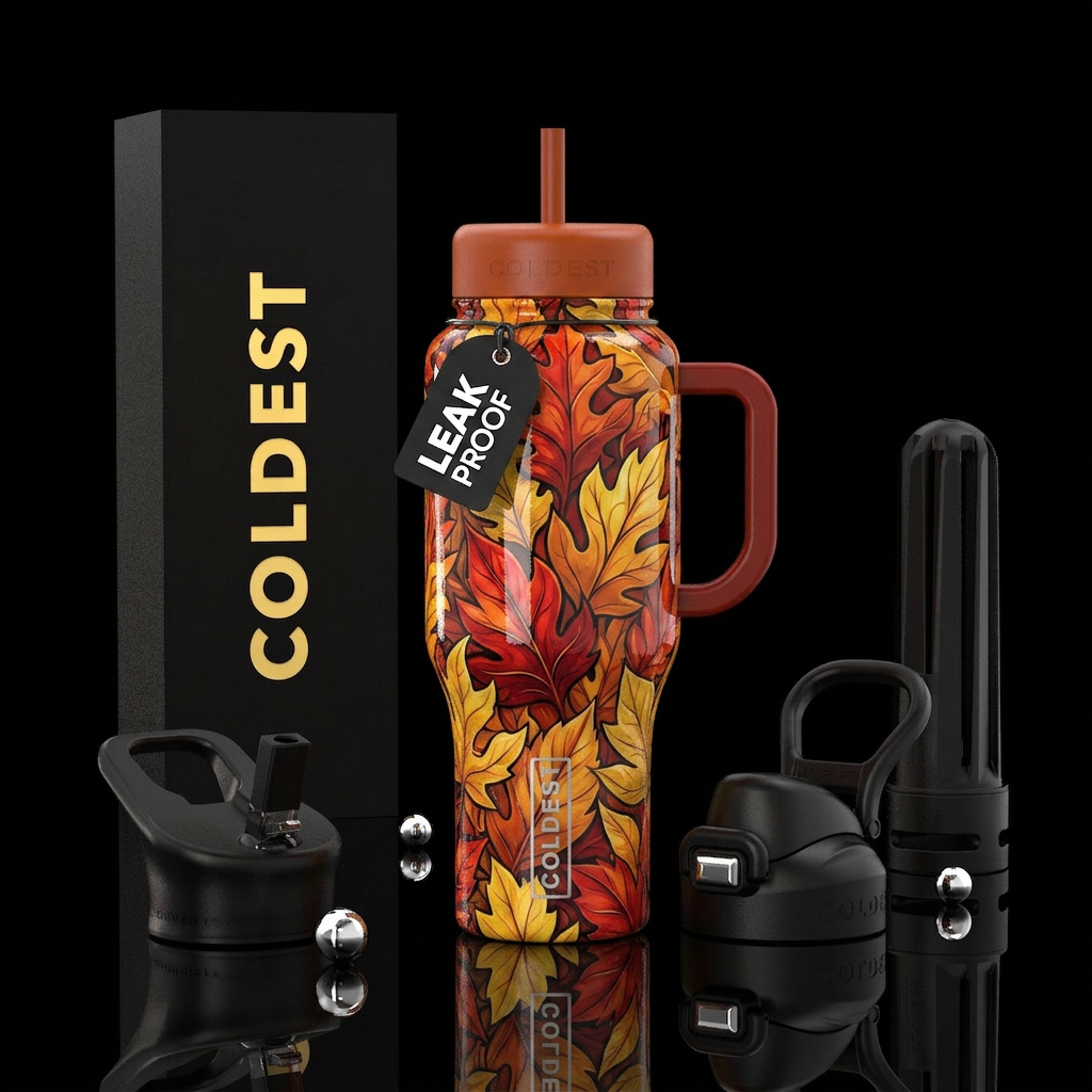 autumn leaves, bold, whimsical, dramatic,glossy water bottle design