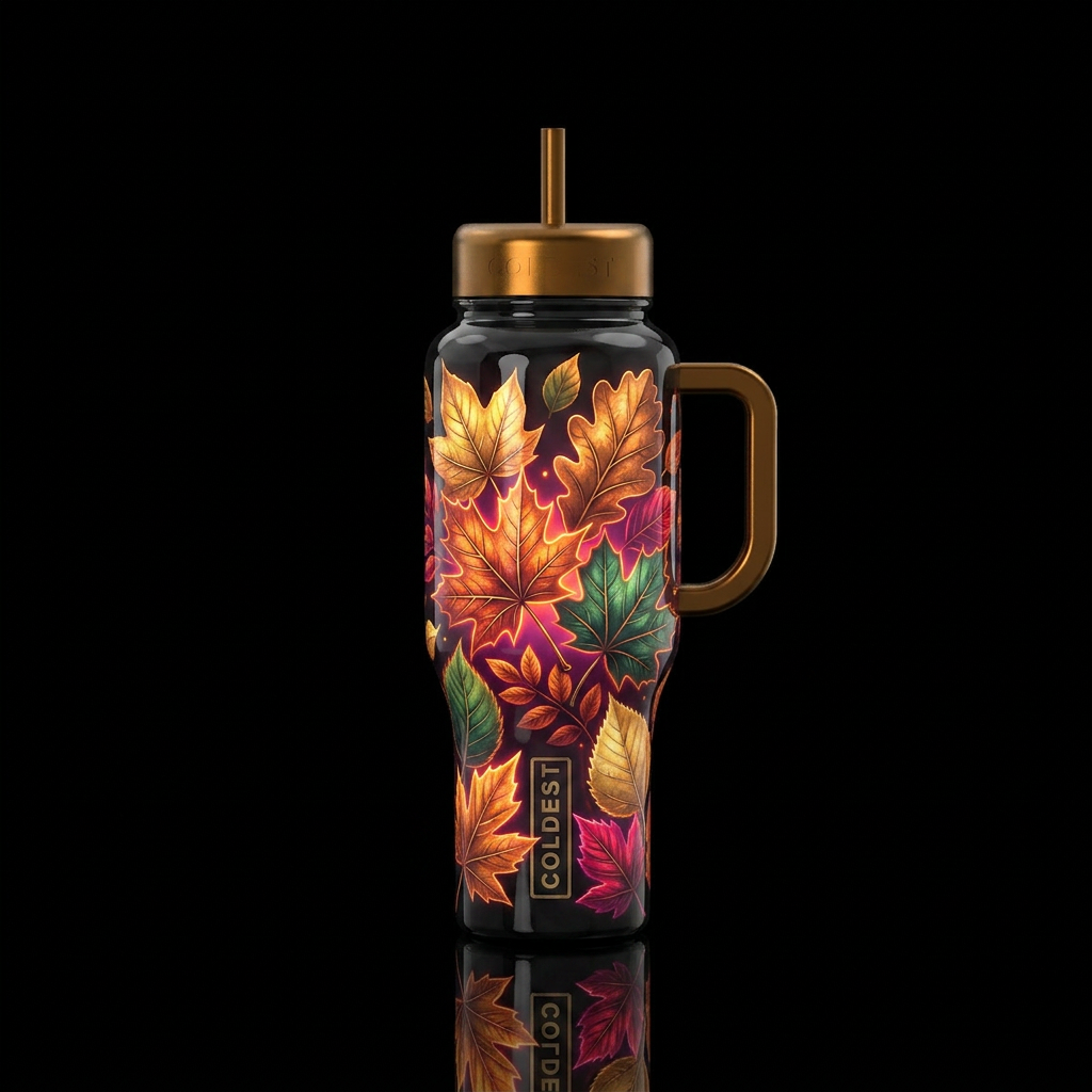 autumn leaves, bold, whimsical,, glowie, dramatic,... water bottle design