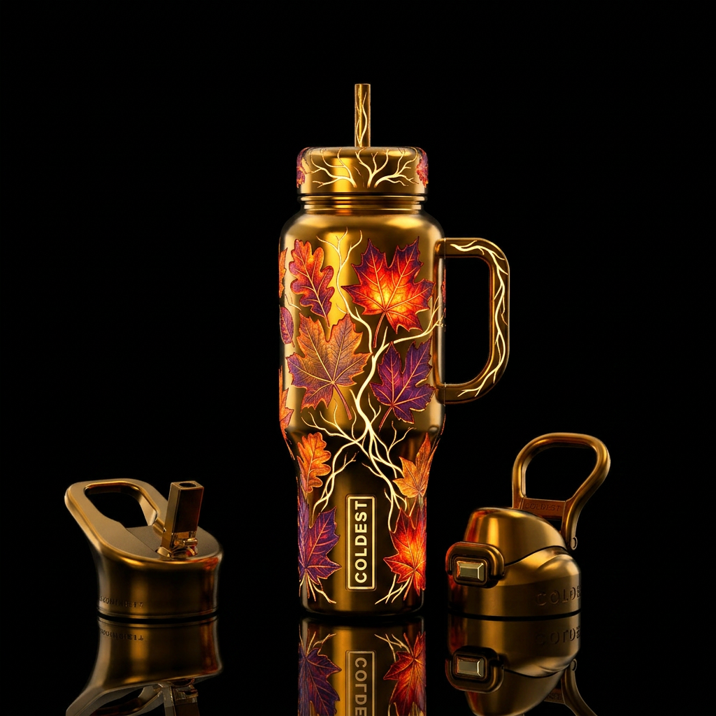 autumn leaves, bold, whimsical,, glowie, dramatic,... water bottle design