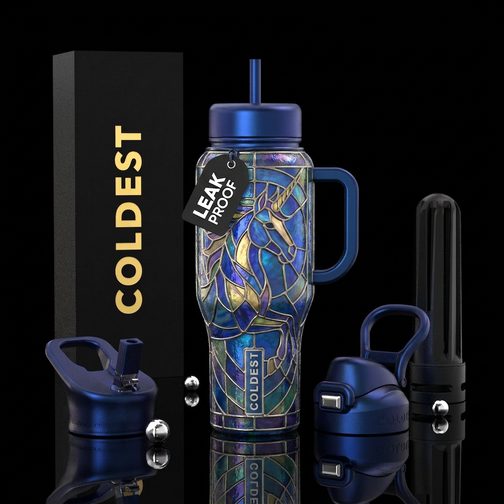 Tiffany lamp inspired glass, unicorn, glossy water bottle design