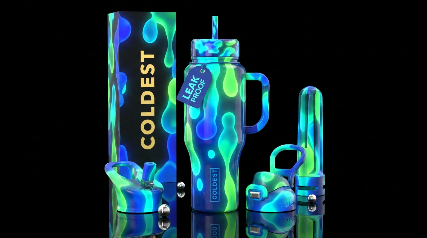 Lava lamp, blues, greens, glossy, glowie, trompe-l... water bottle design