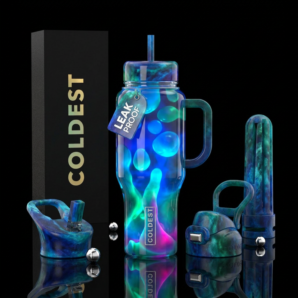 Lava lamp, blues, greens,magenta, glossy, glowie, ... water bottle design