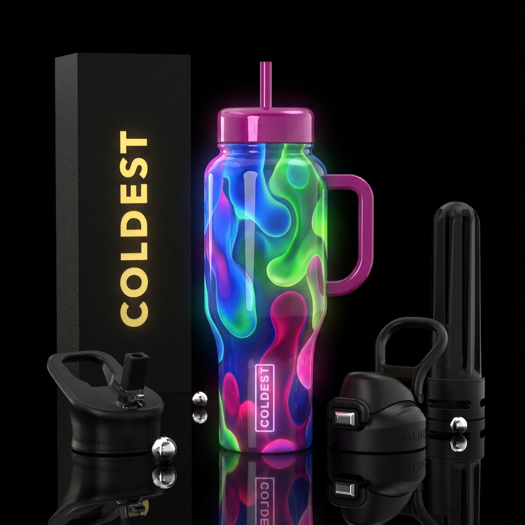 Lava lamp, blues, greens,magenta, glossy, glowie, ... water bottle design