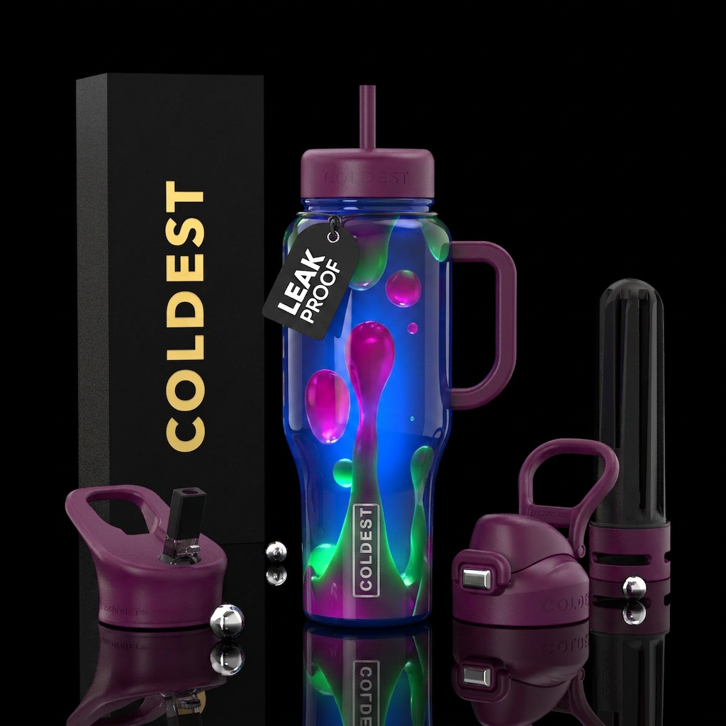 Lava lamp, blues, greens,magenta, glossy, glowie, ... water bottle design