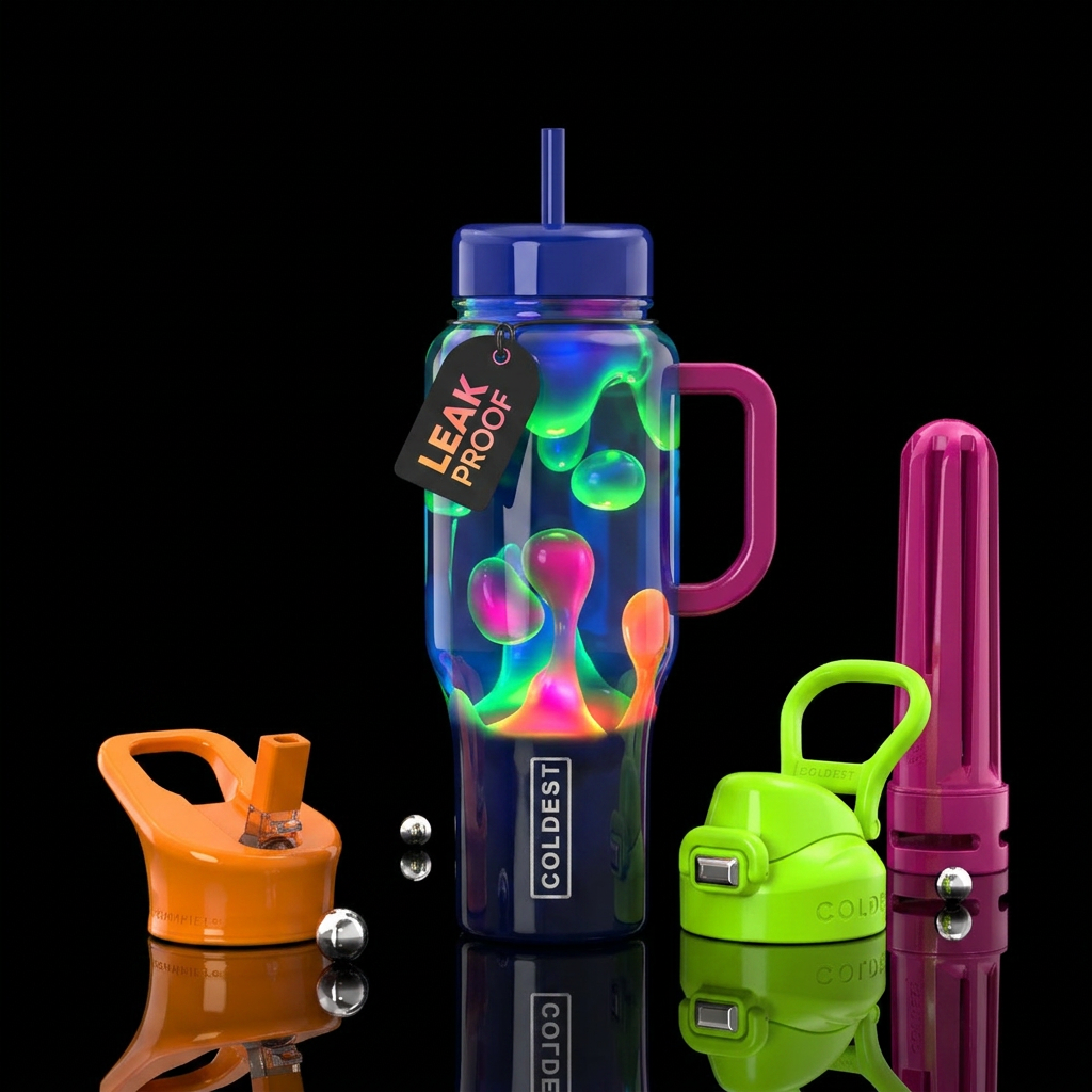 Lava lamp, blues, greens,magenta orange, glossy, g... water bottle design