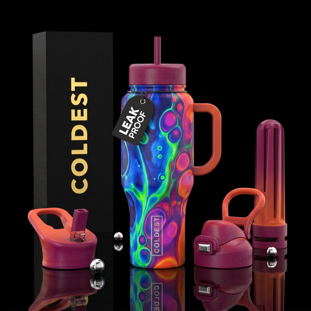 Lava lamp, blues, greens,magenta orange, glossy, g... water bottle design