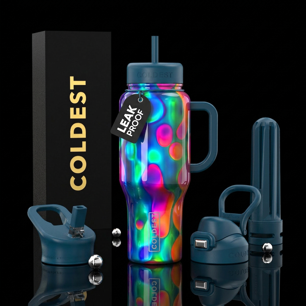 Lava lamp, blues, greens,magenta orange, glossy, g... water bottle design