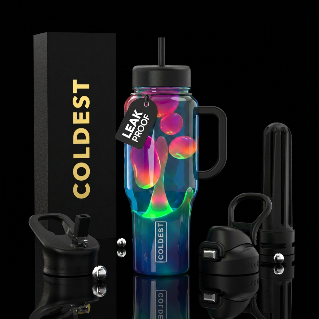 Lava lamp, blues, greens,magenta orange, glossy, g... water bottle design