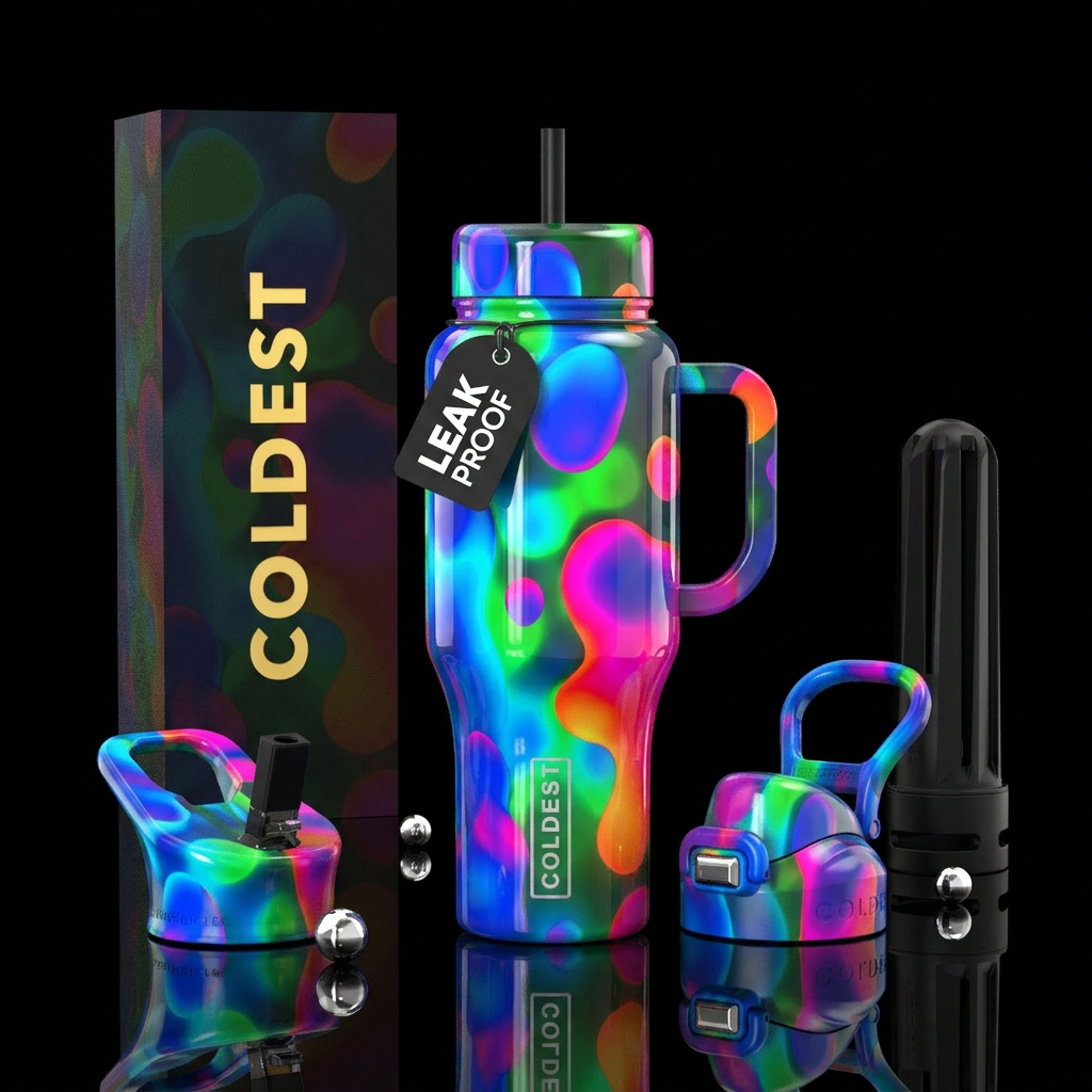 Lava lamp, blues, greens,magenta orange, glossy, g... water bottle design