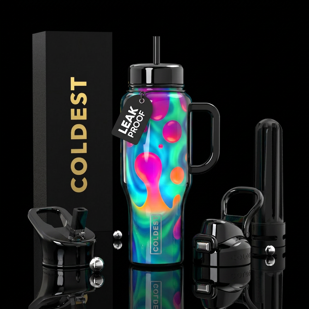 Lava lamp, blues, greens,magenta orange, glossy, g... water bottle design