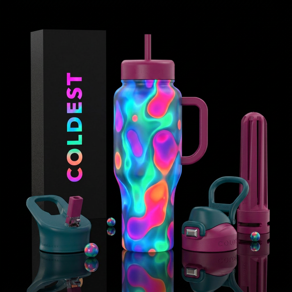 Lava lamp, blues, greens,magenta orange, glossy, g... water bottle design