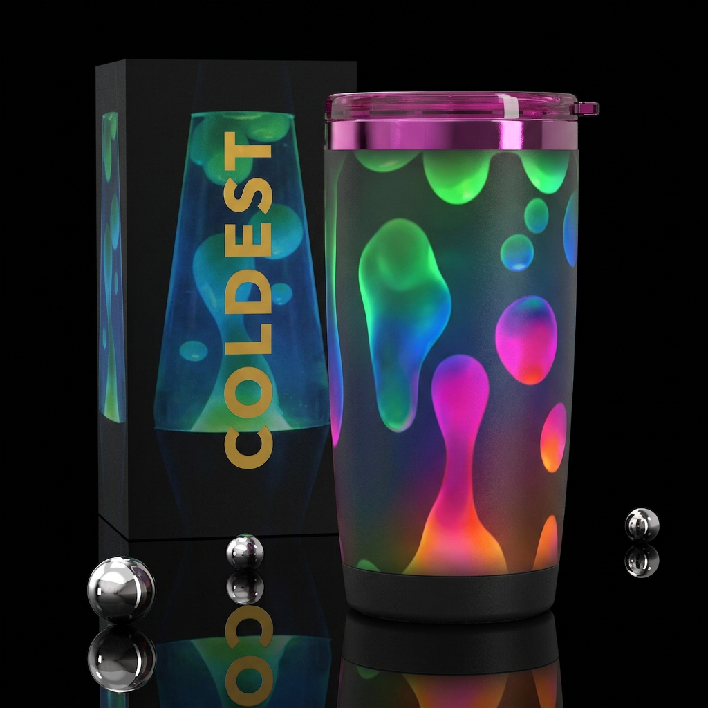 Lava lamp, blues, greens,magenta orange, glossy, g... water bottle design