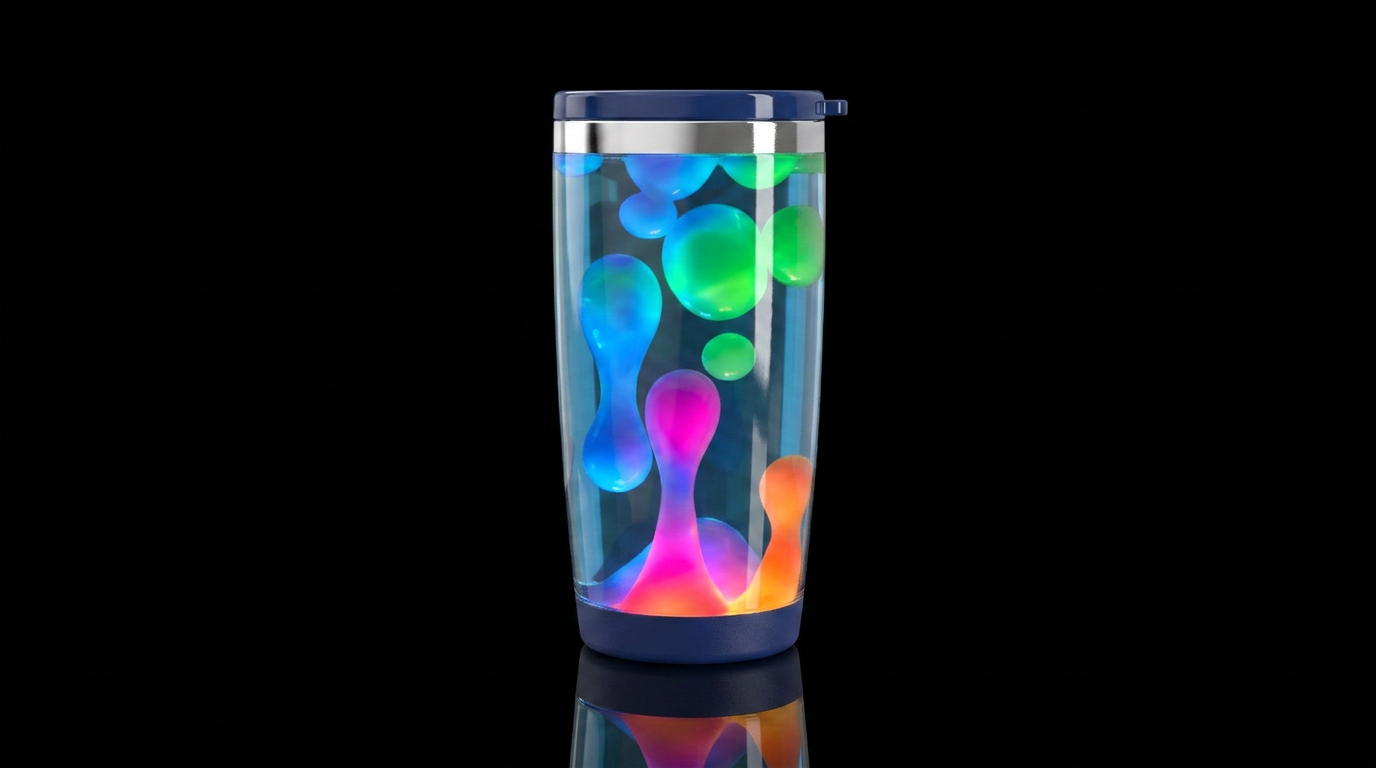 Lava lamp, blues, greens,magenta orange, glossy, g... water bottle design