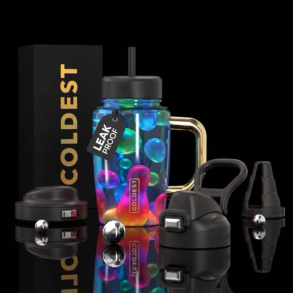 Lava lamp, blues, greens,magenta orange, glossy, g... water bottle design