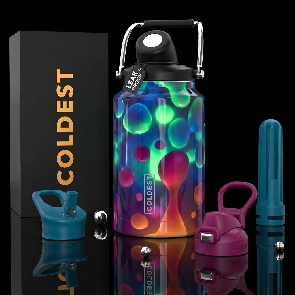 Lava lamp, blues, greens,magenta orange, glossy, g... water bottle design