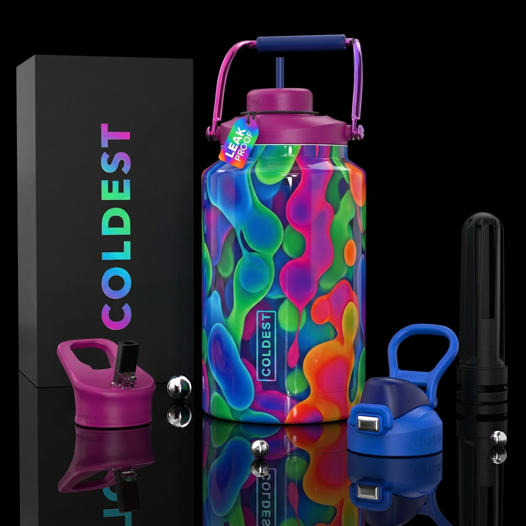 Lava lamp, blues, greens,magenta orange, glossy, g... water bottle design